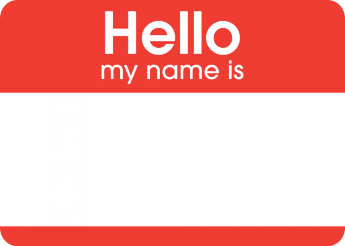 sticker saying 'hello my name is' with a blank space for someone to write their name